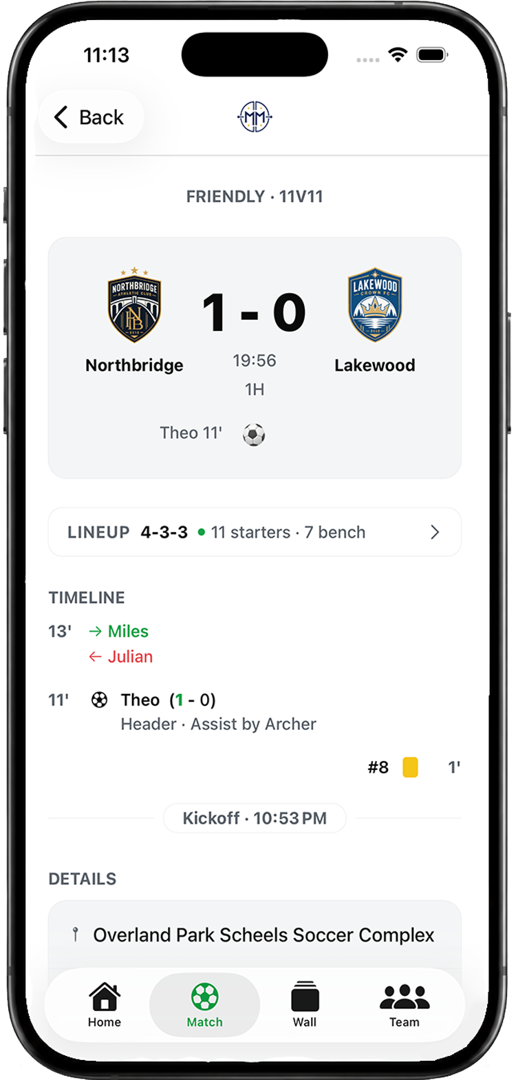 Matchday Manager live match screen showing Northbridge leading Lakewood 1–0.