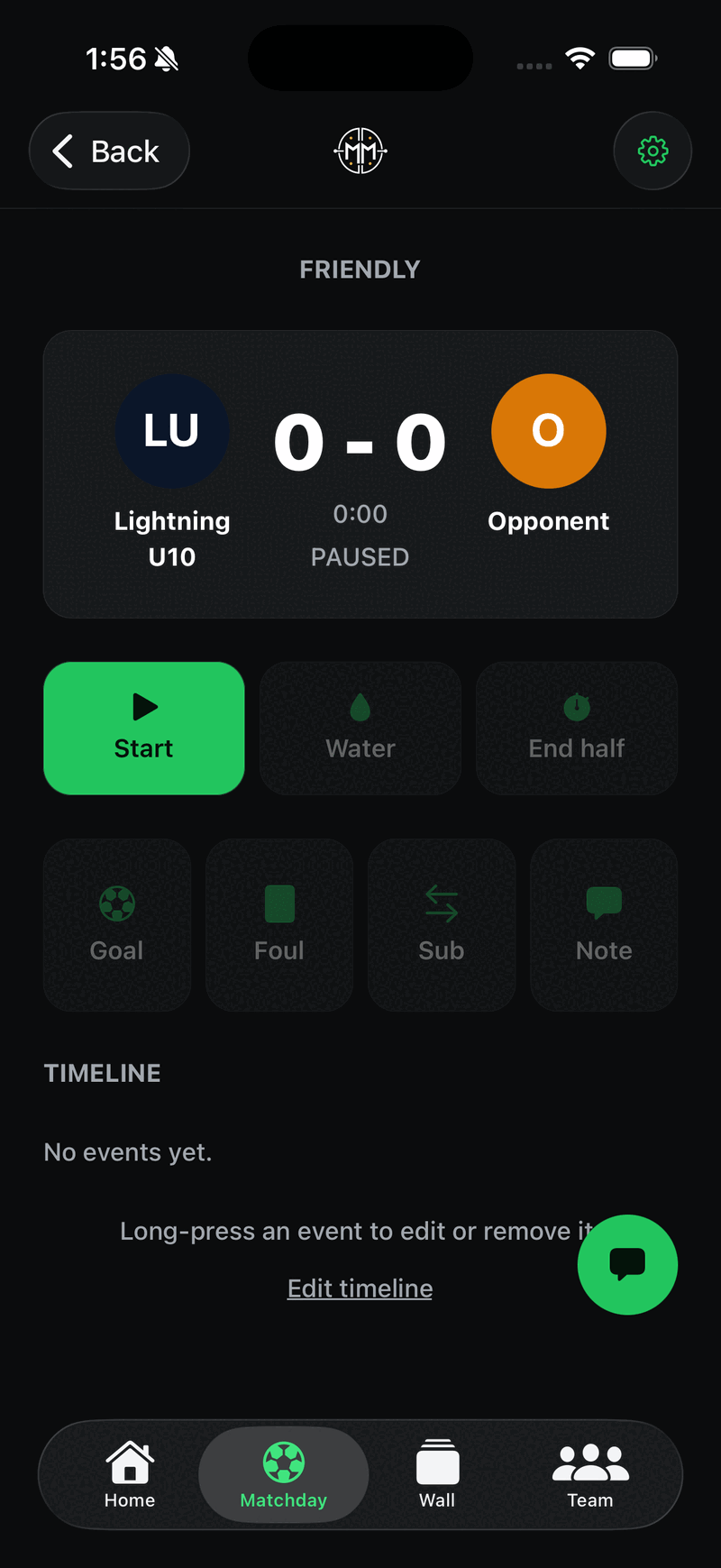 The match tracker before kick-off. Only the Start button is bright; the other controls are dimmed.