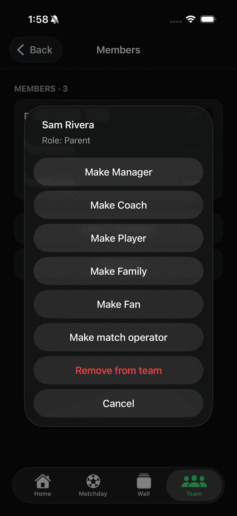 The member options for a parent, showing a Make match operator choice below the role options.