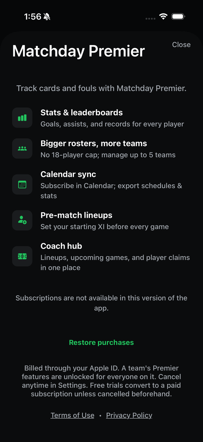 The Matchday Premier subscription screen covering the match tracker after tapping Foul.