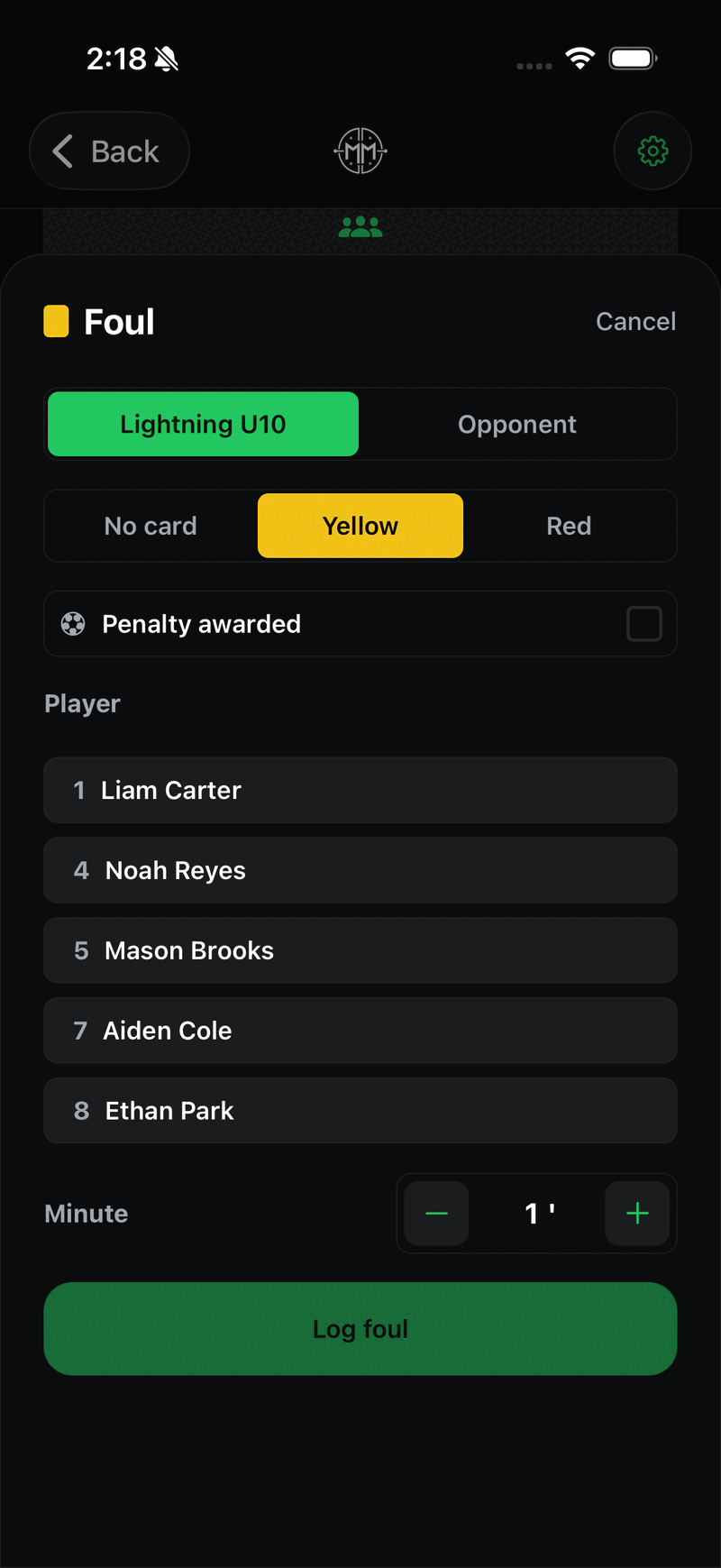 The Foul sheet with No card, Yellow and Red options, a Penalty awarded checkbox, a player list and a minute stepper.