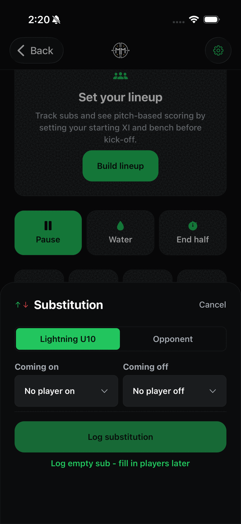 The Substitution sheet with Coming on and Coming off pickers and a Log empty sub option.
