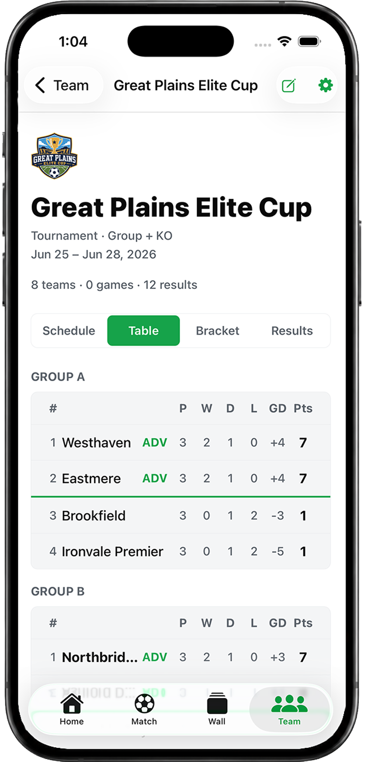Matchday Manager competition screen showing soccer fixtures and standings.