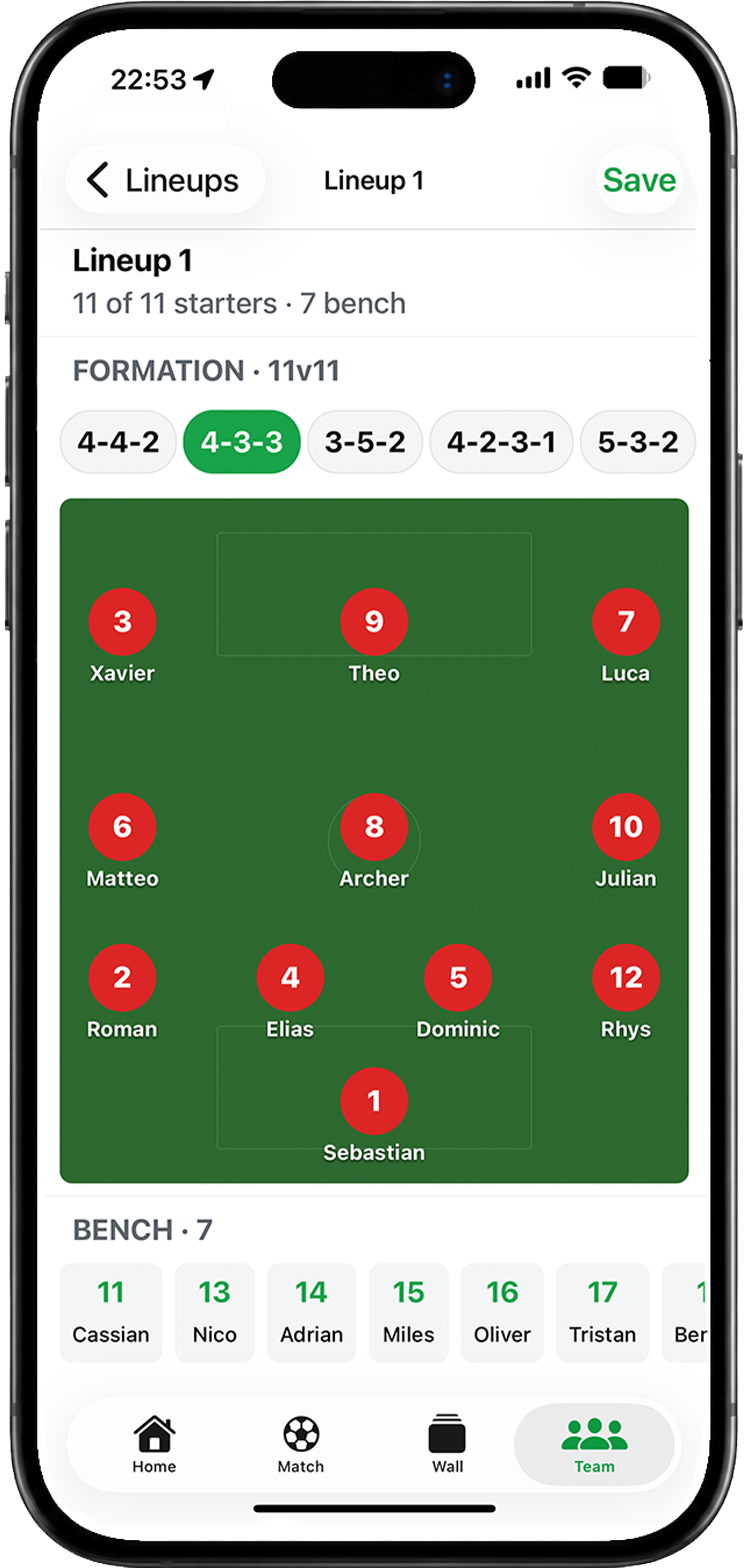 Matchday Manager formation screen showing a soccer lineup on the pitch.