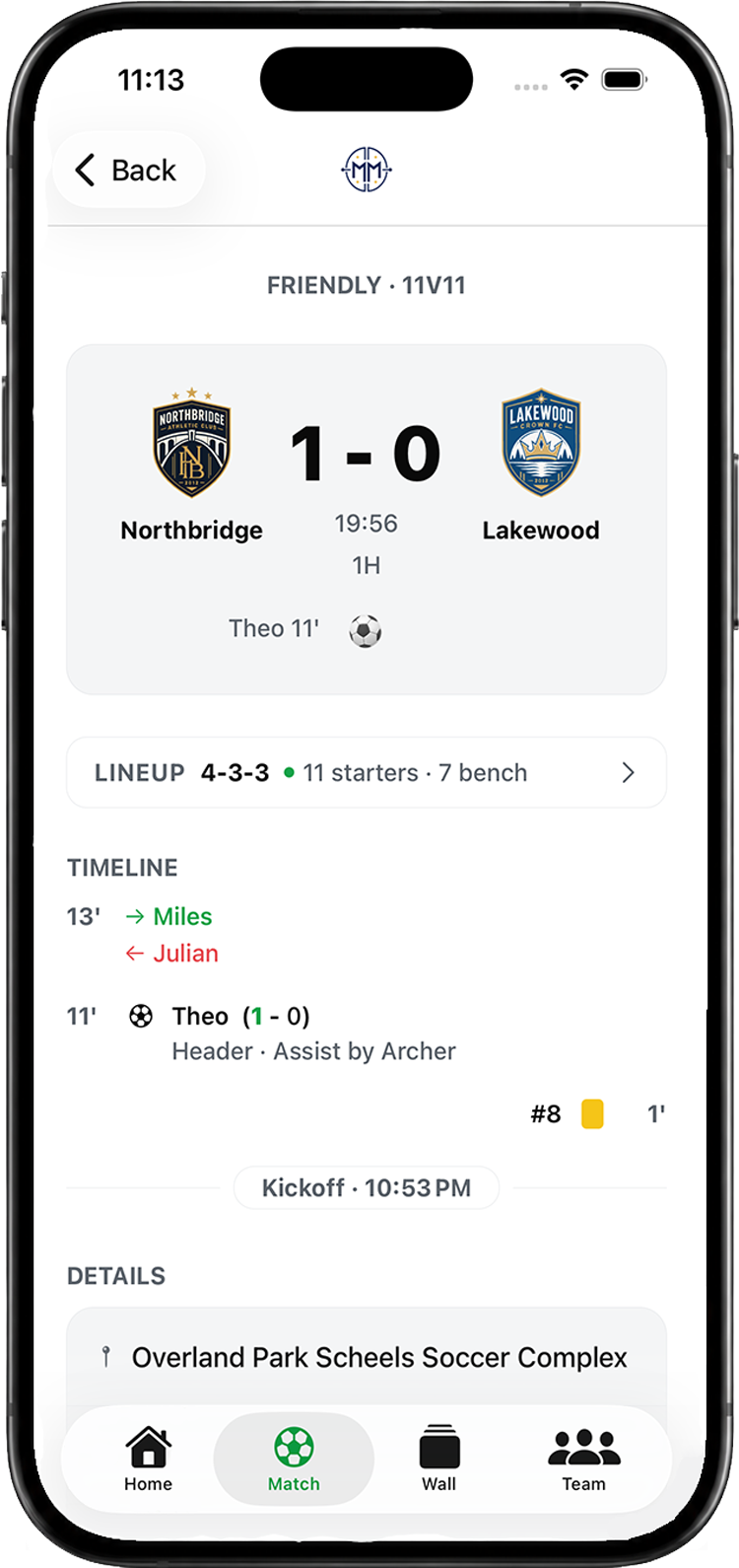 Matchday Manager live match screen showing Northbridge leading Lakewood, lineup details, and a match timeline.