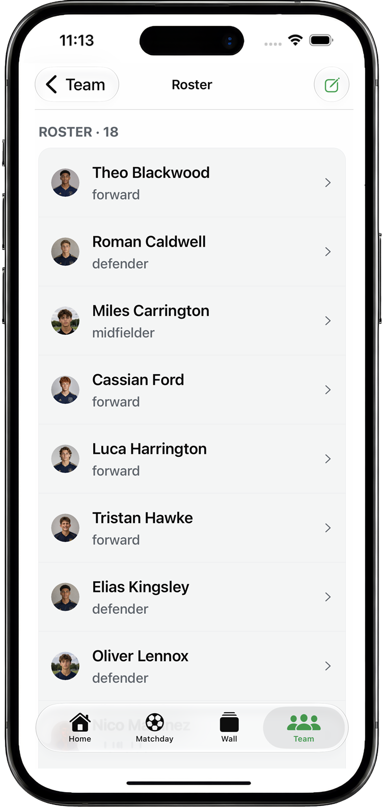 Matchday Manager roster showing players, profile photos, and team positions.