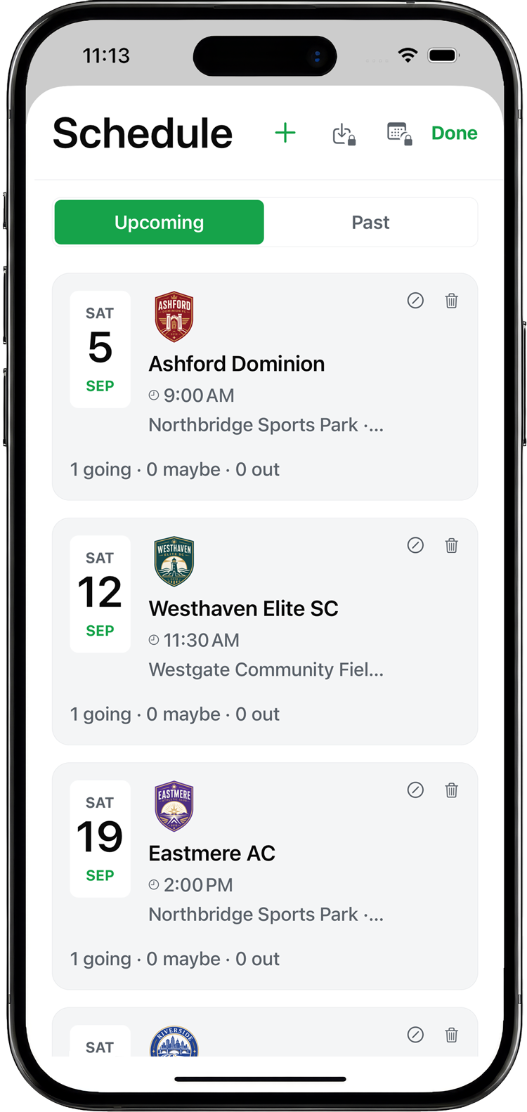 Matchday Manager schedule showing upcoming games, training, RSVP counts, and calendar subscription.