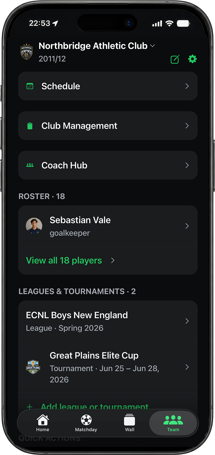 Matchday Manager team management screen showing the schedule, roster, club management, and leagues.